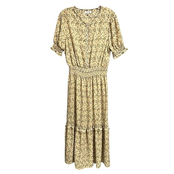 Max Studio Daisy Floral Print Ruffle Long Dress Short Sleeve Yellow Women Large - Picture 1 of 6